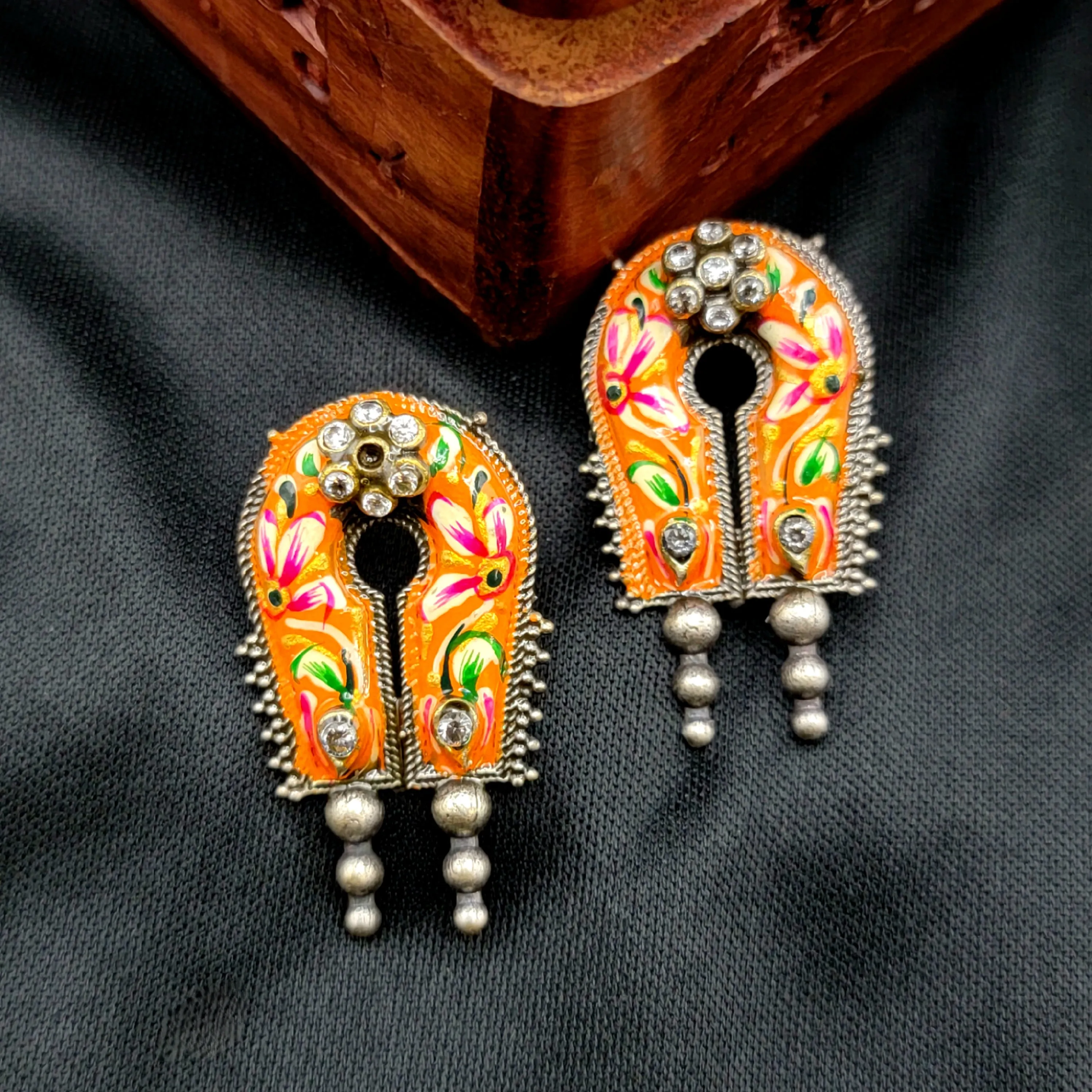 Orange Handpainted Meenakari Oxidized German Silver Pearl Necklace Set