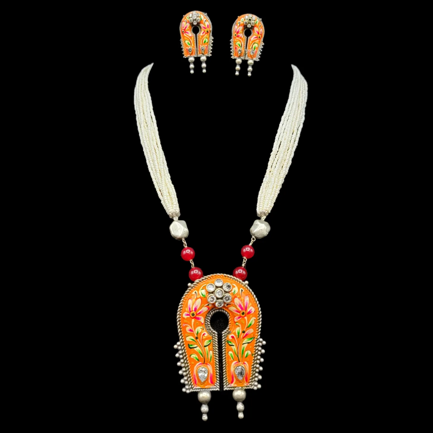 Orange Handpainted Meenakari Oxidized German Silver Pearl Necklace Set