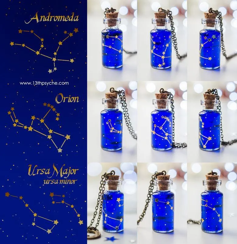 Orion, Andromeda, Ursa major and minor constellation bottle necklace