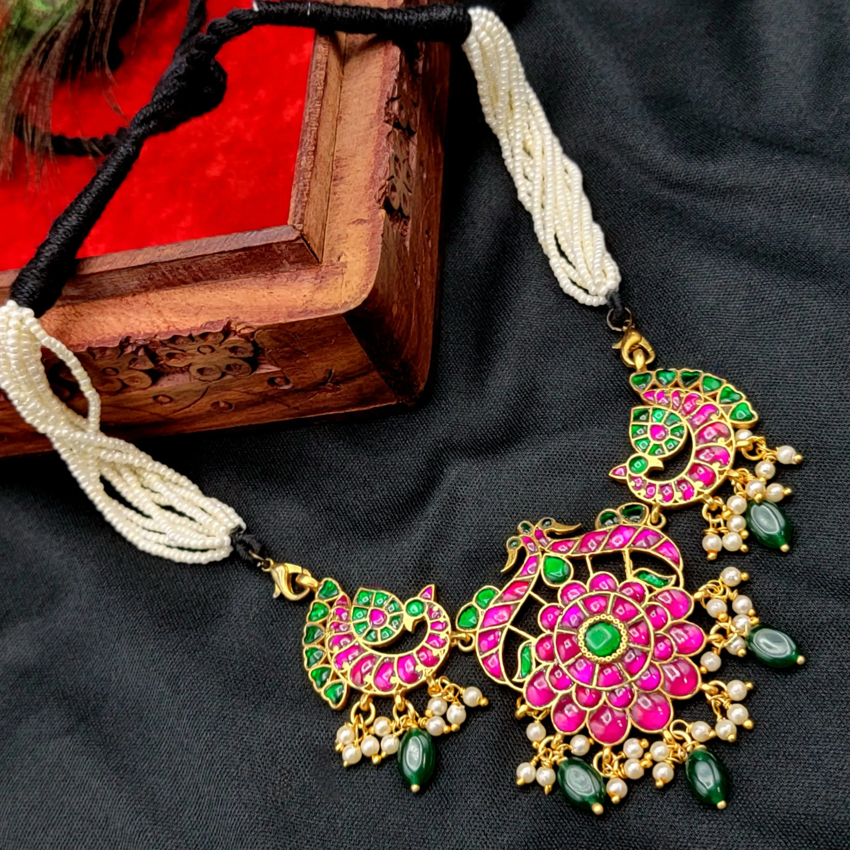 Peacock Floral Jadau Kundan Necklace with Pearl Mala