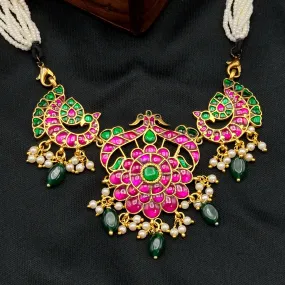 Peacock Floral Jadau Kundan Necklace with Pearl Mala