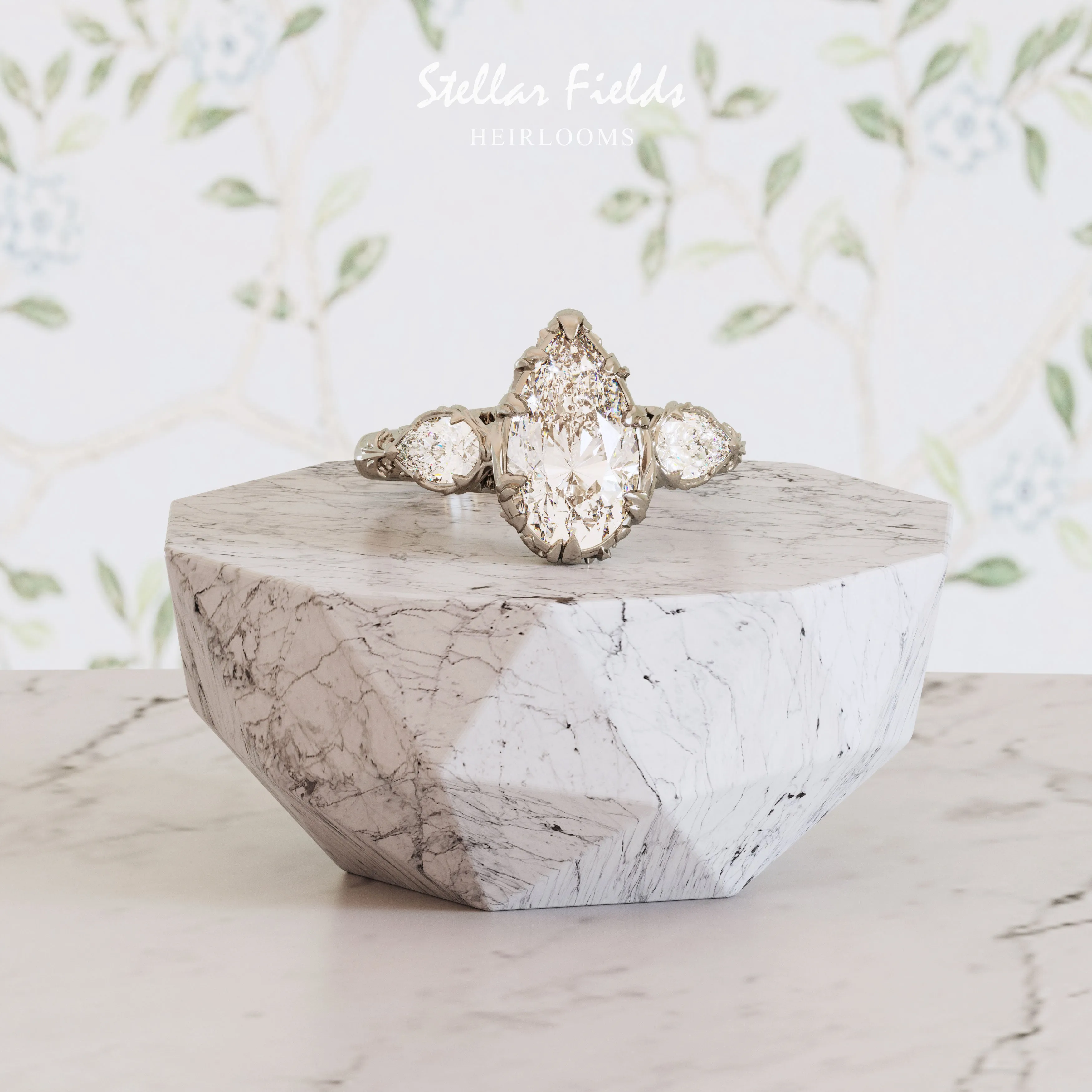 Pear Engagement Ring 3 Stone Diamond Nature Inspired Valerie