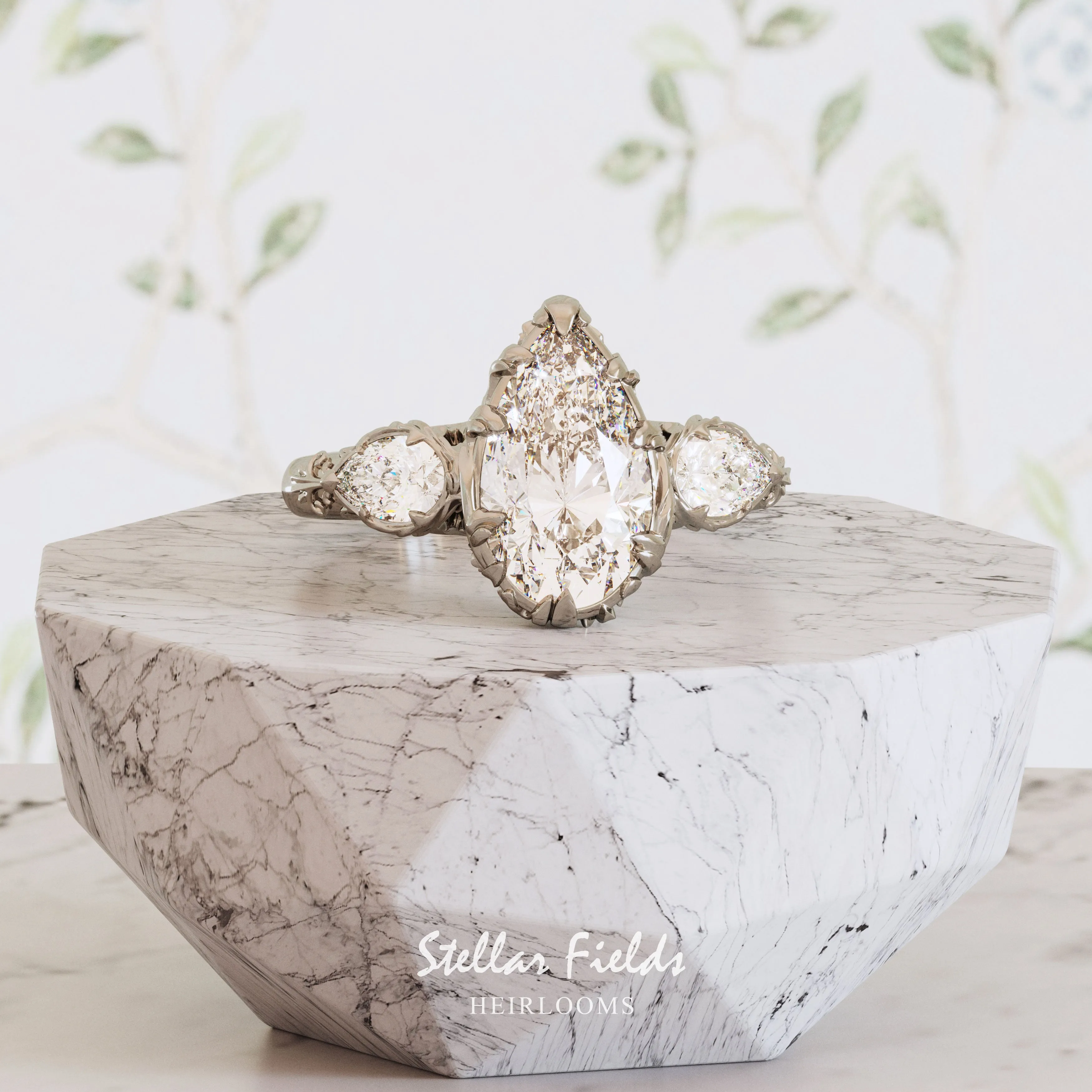 Pear Engagement Ring 3 Stone Diamond Nature Inspired Valerie