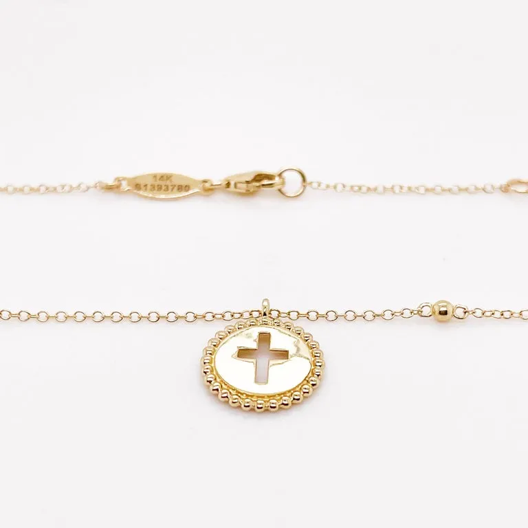 Pierced Cross Pendant Necklace w Bead Frame w Cut Out Cross w Cable Chain, 14k