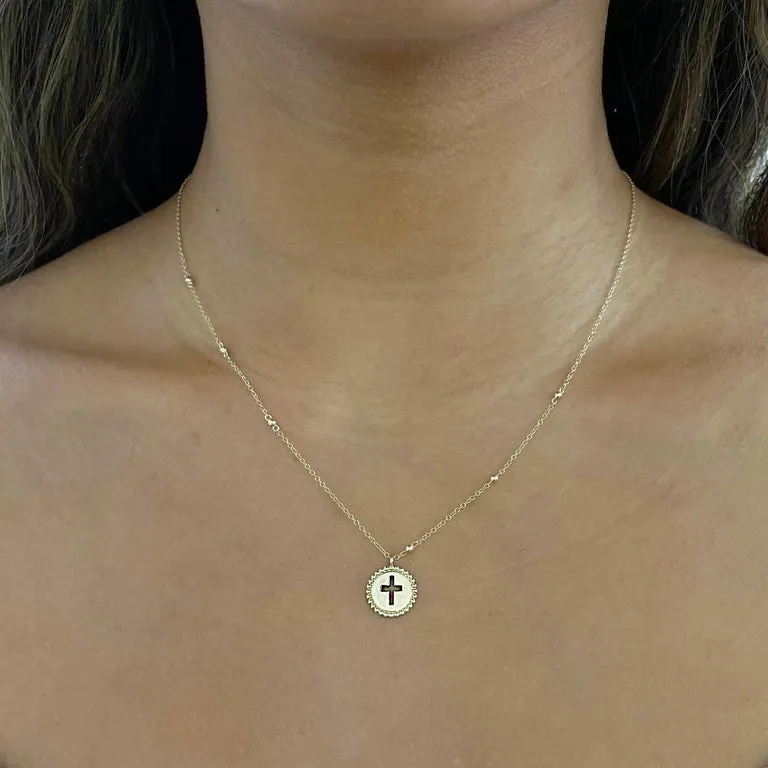 Pierced Cross Pendant Necklace w Bead Frame w Cut Out Cross w Cable Chain, 14k