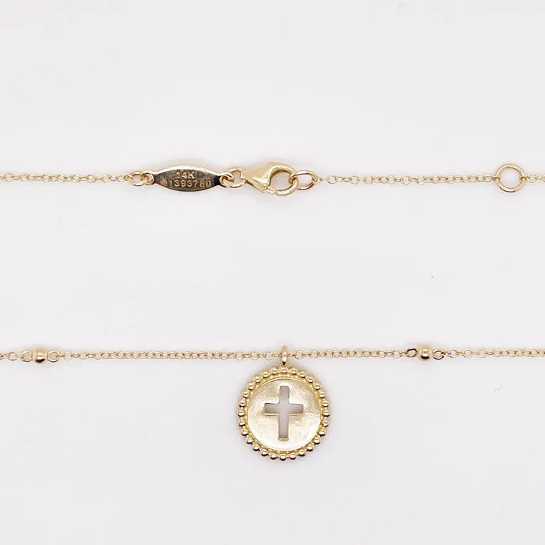 Pierced Cross Pendant Necklace w Bead Frame w Cut Out Cross w Cable Chain, 14k