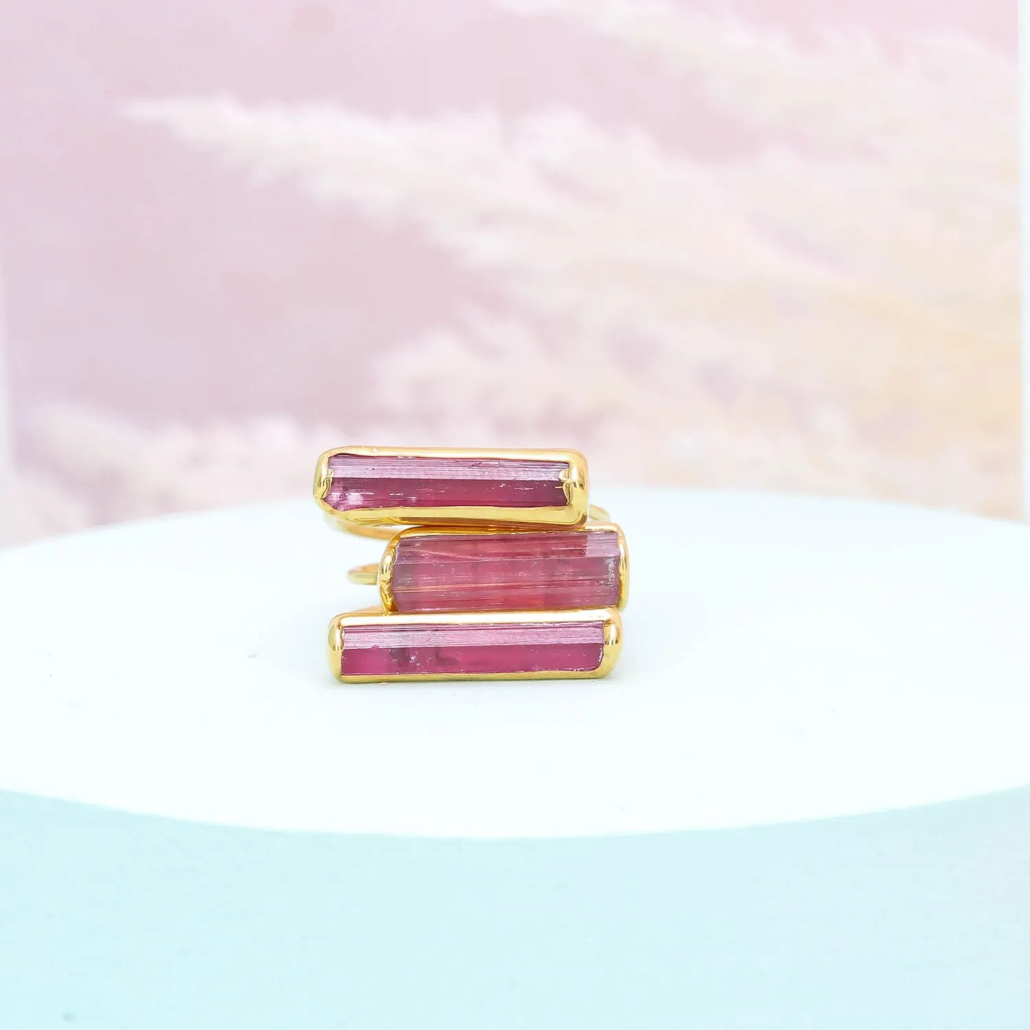 Raw Pink Tourmaline Bar Ring, Rubellite Tourmaline