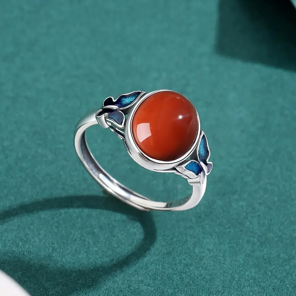 Red Agate Retro Butterfly Adjustable 925 Sterling Silver Ring