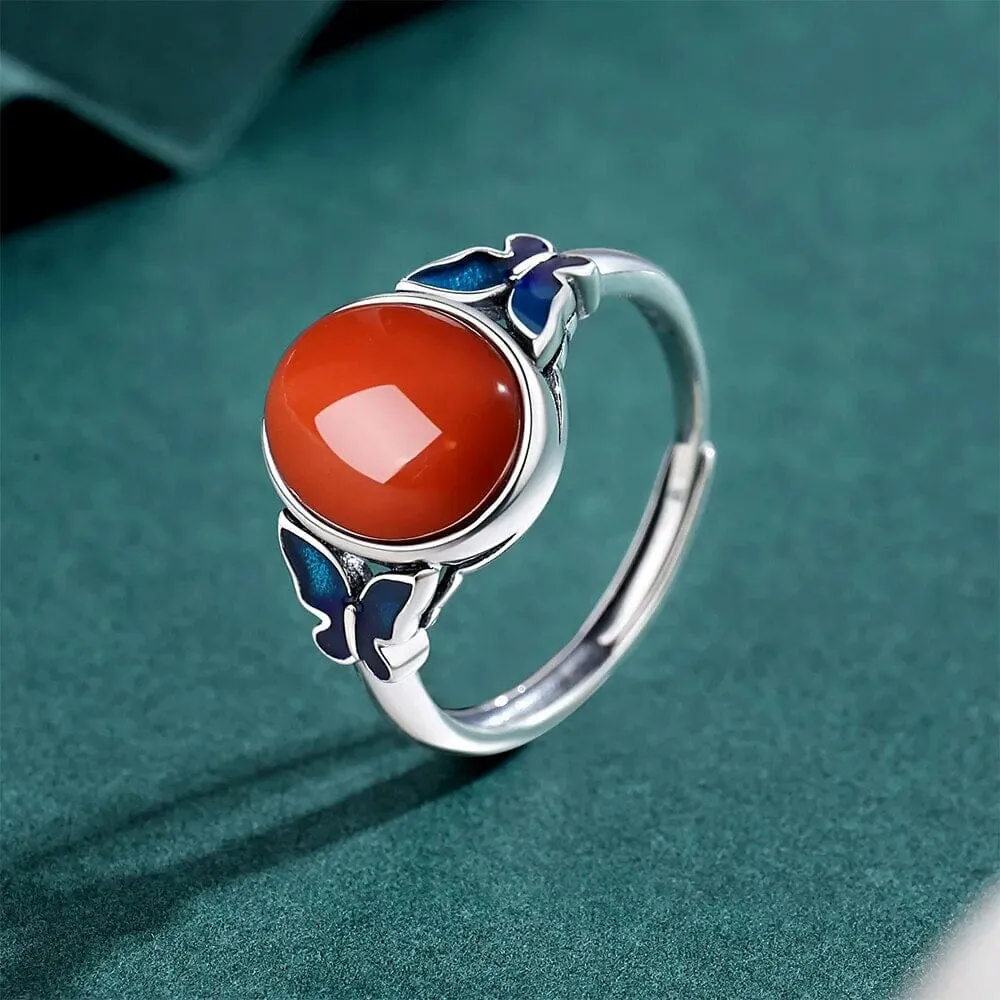 Red Agate Retro Butterfly Adjustable 925 Sterling Silver Ring