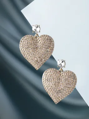 Rubans 18K Gold Toned Pave White Zircon Studded Heart Dangle Earring