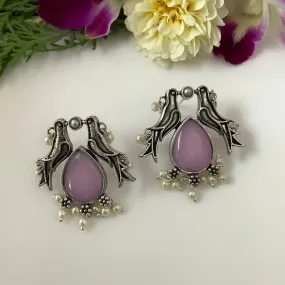 Salvanity German Silver Twin Bird Earrings Pure Pink