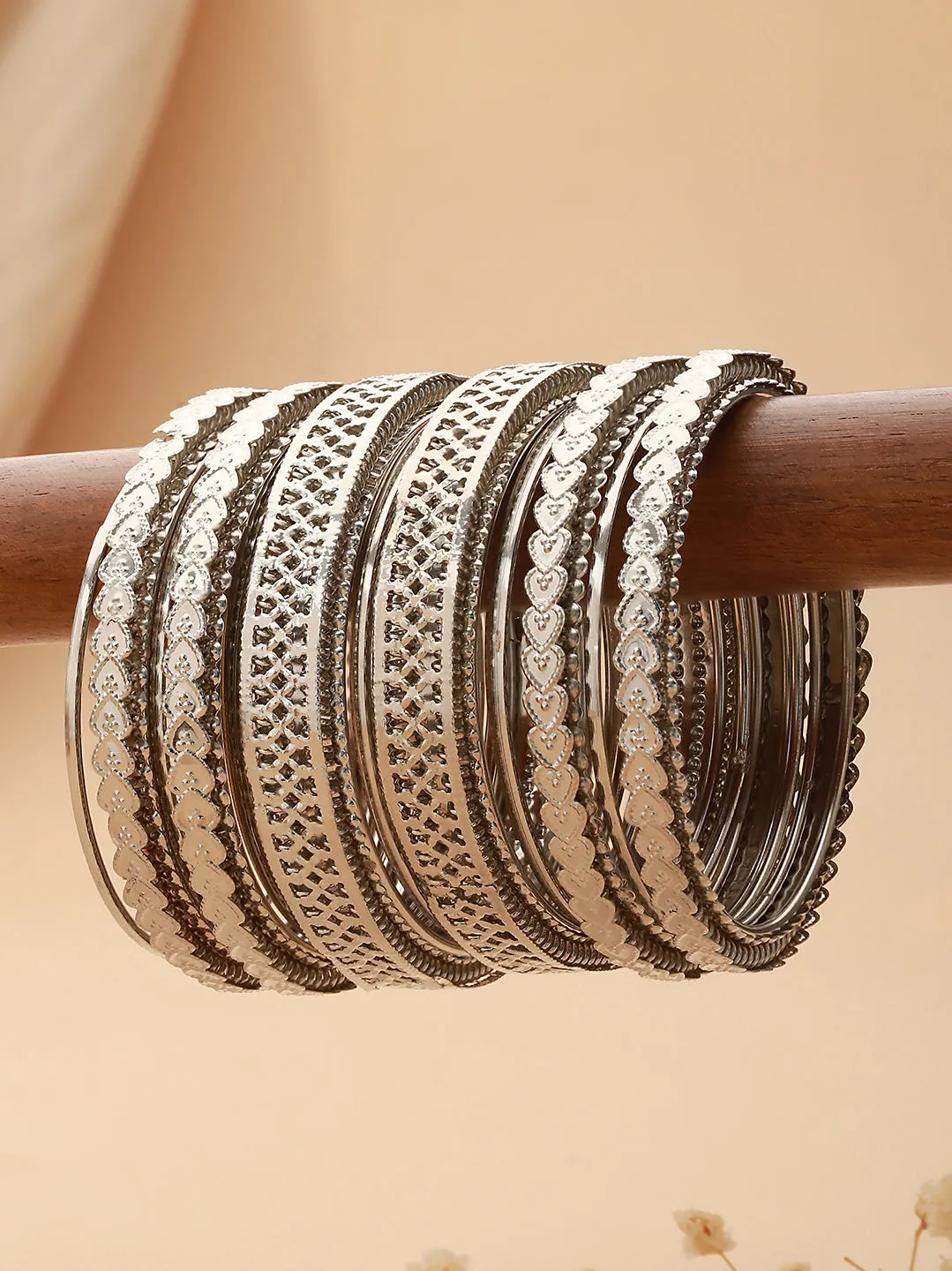 Set Of 18 Silver-Plated Oxidized Textured Bangles Set