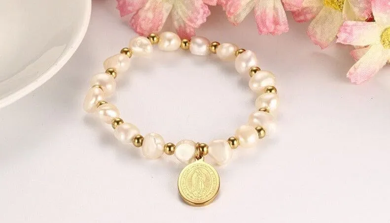 Stainless Steel Virgin Mary WWJD Pearl Bracelet