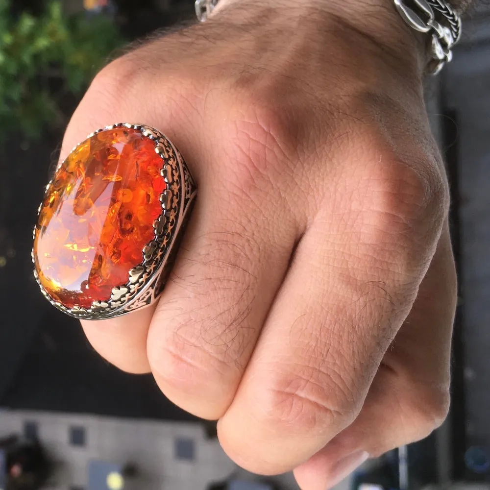 STERLING SILVER AMBER MEN'S RING UNIQUE EXTRAORDINARY STATEMENT JEWELRY 925 HEAVY