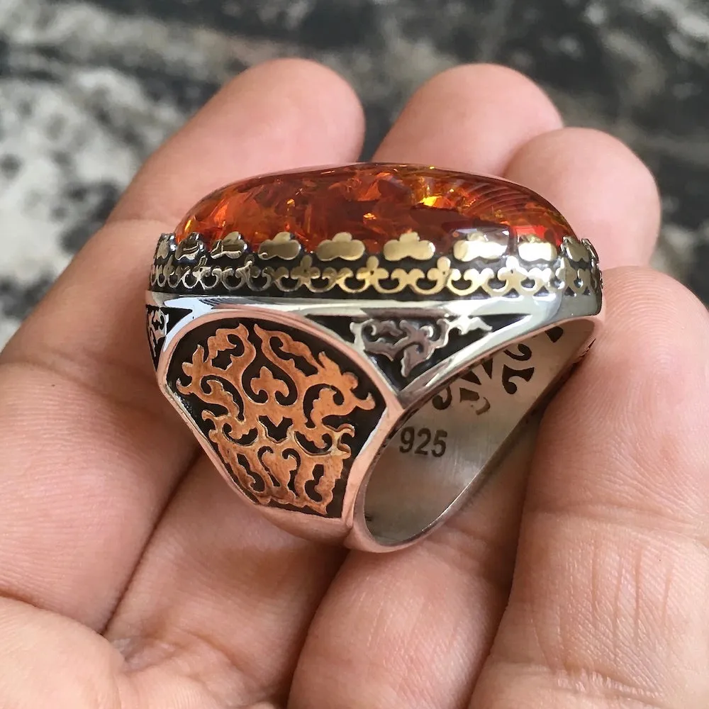 STERLING SILVER AMBER MEN'S RING UNIQUE EXTRAORDINARY STATEMENT JEWELRY 925 HEAVY