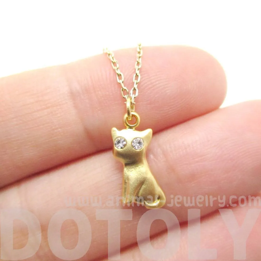 Super Cute Kitty Cat Animal Shaped Charm Necklace in Gold with Rhinestones | DOTOLY