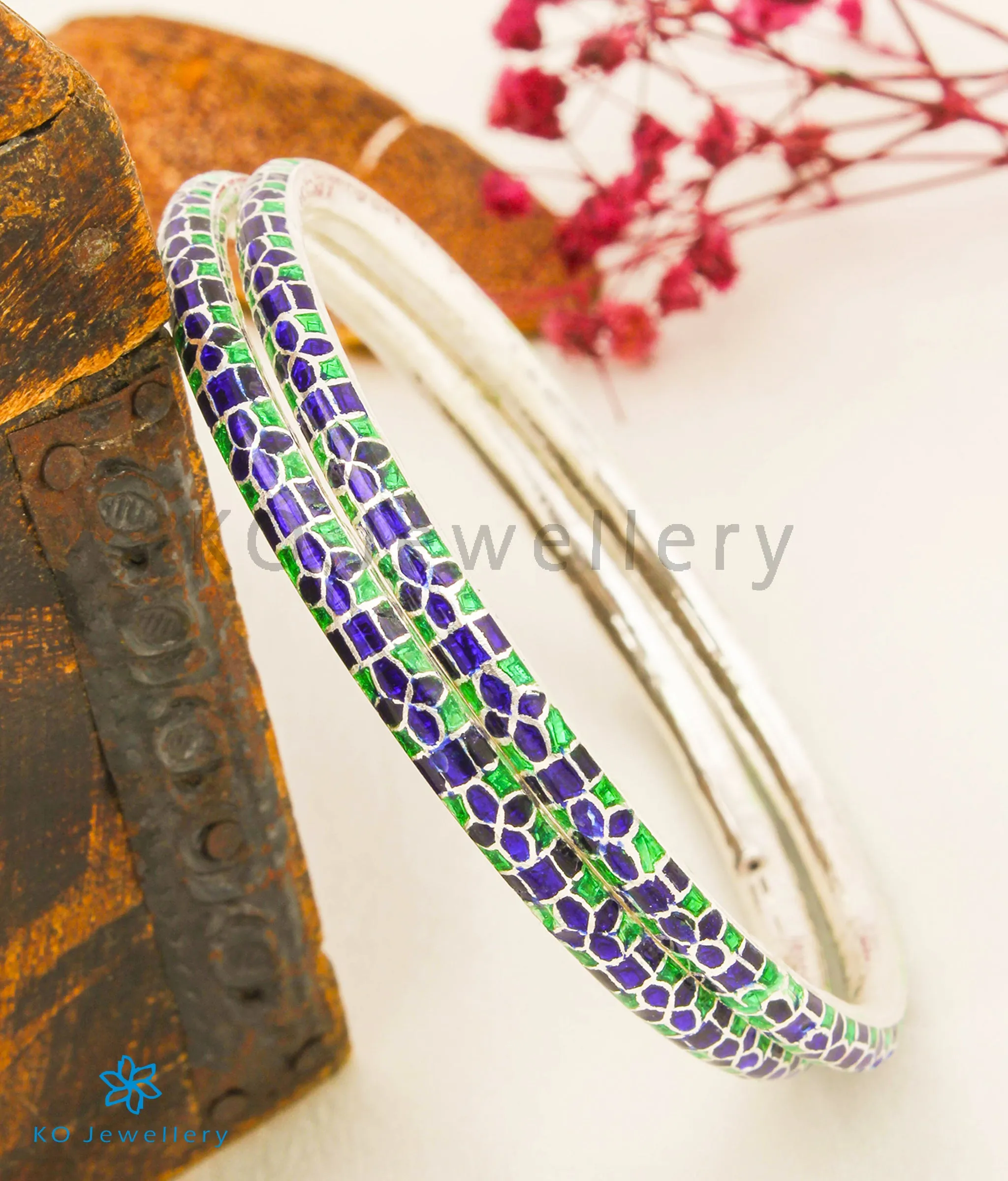 The Basant Silver Meenakari Bangles (Dark Blue/Green/Size 2.4)