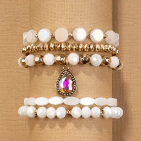 White Crystal & Gold Beaded Bracelet Set with teardrop bling charm